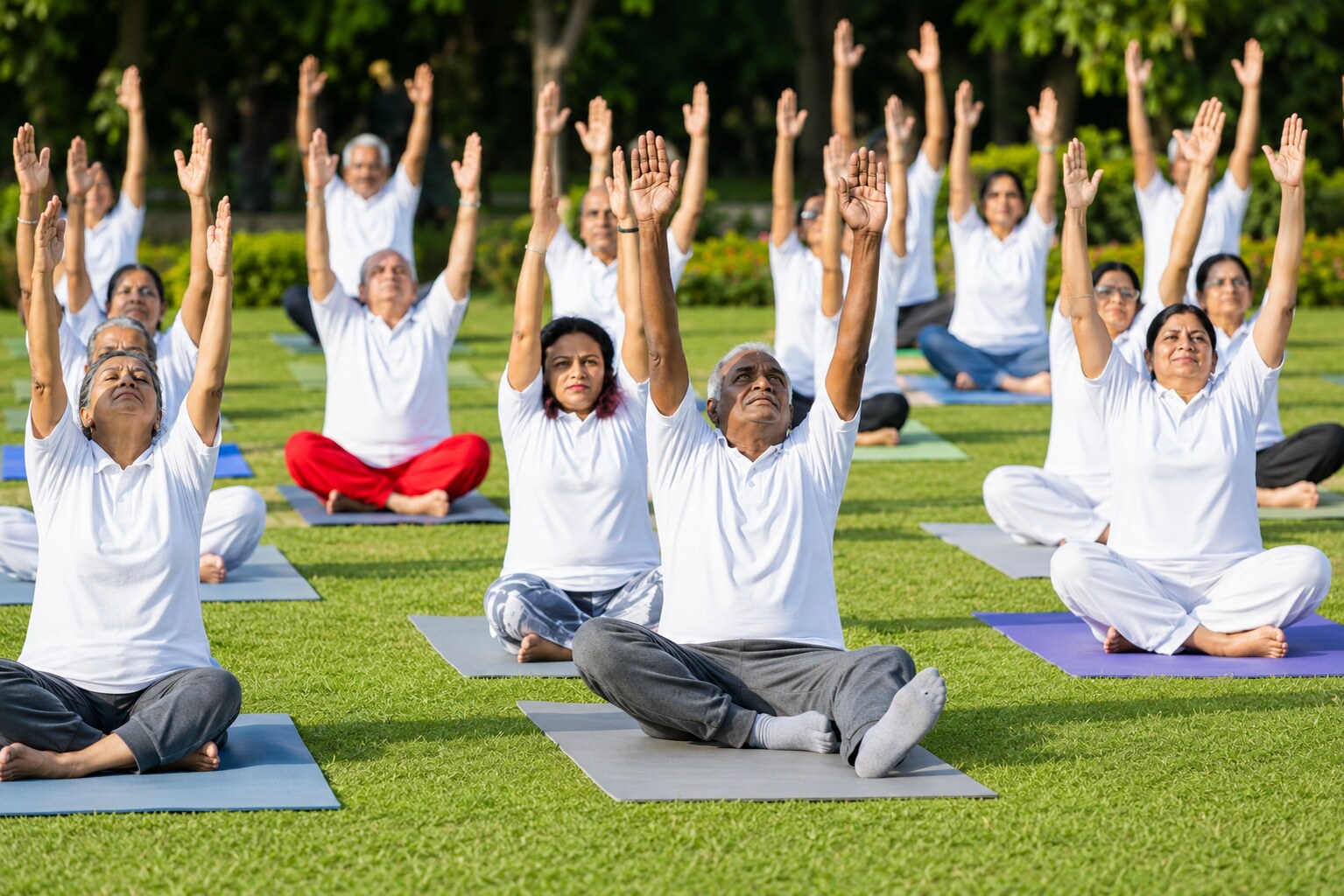 Group of senior citizens practicing gentle yoga outdoors